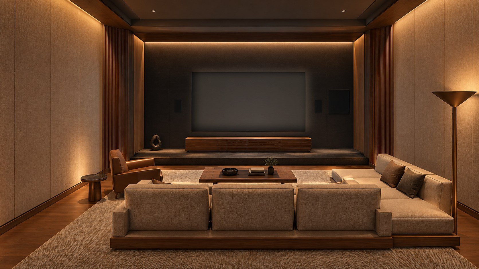 Media room with a wood-slat feature wall, sectional seating, and a center display, rendered in caanoli's room model