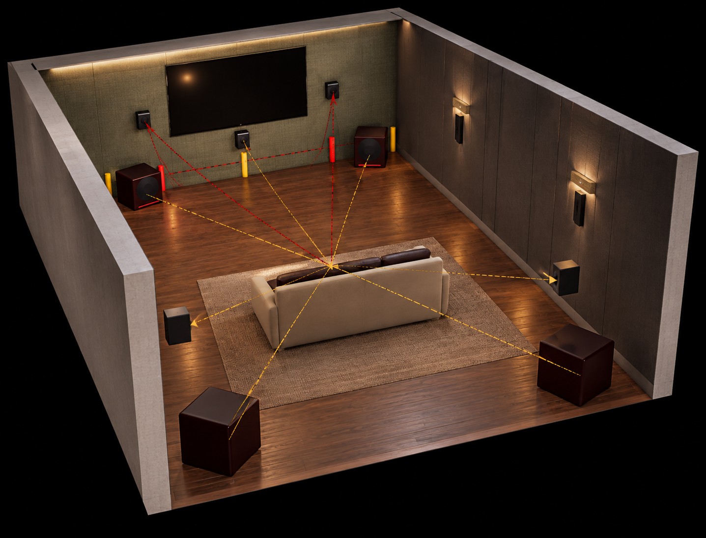 Isometric physics model of a media room showing speaker and subwoofer placement with direct and reflected acoustic paths drawn to the seating position
