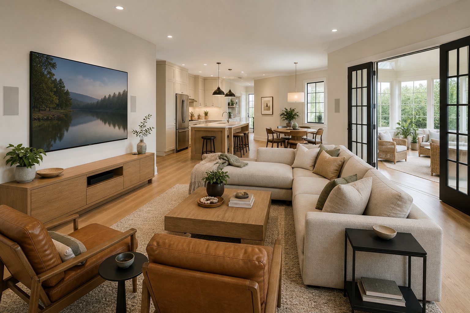 Living room with a wall-mounted display, sectional seating, and open kitchen beyond — the kind of everyday room a Room Passport is built for